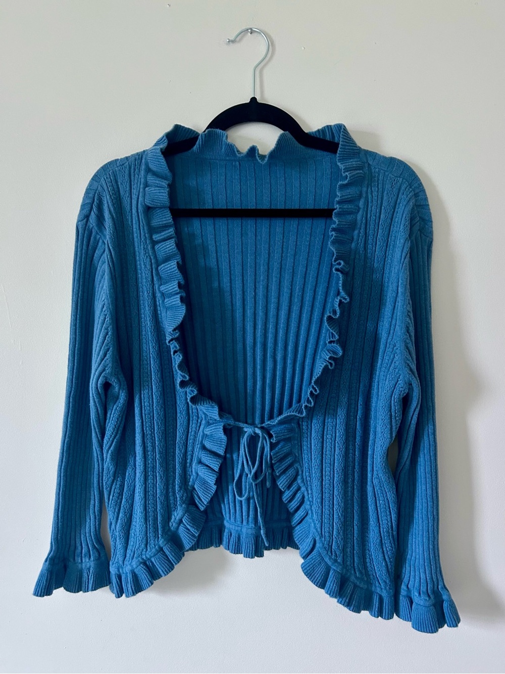 Y2K Vintage Blue Ribbed Ruffle Tie Front Cardigan Open Front Cropped Sweater